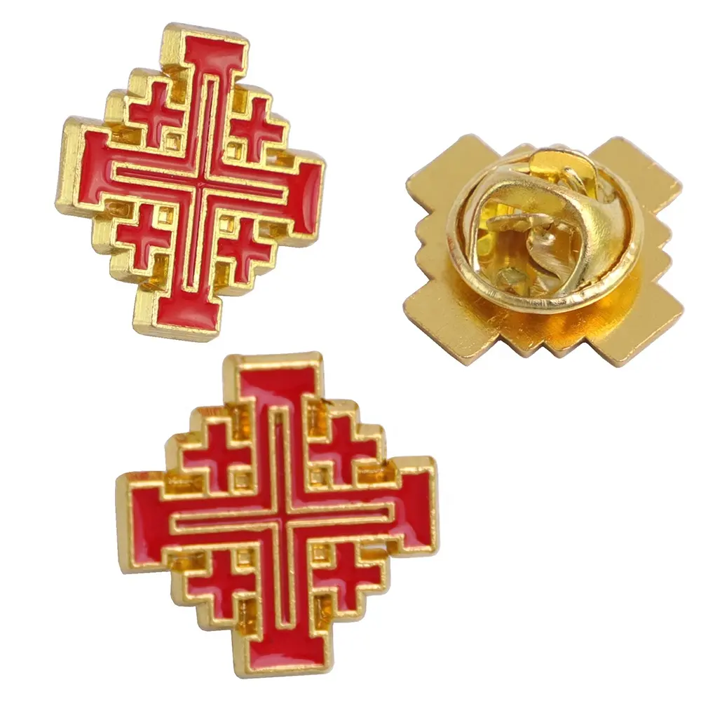 Red Enamel Gold Plated Christian Crusaders Jerusalem Cross Pin with Clutch Back