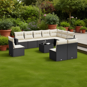 Conjunto de Sofás de Jardín de Ratán Negro y Crema con Cojines, Muebles de Exterior para 10 Personas, Diseño Contemporáneo - Product Image 2