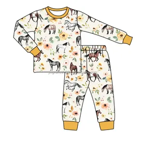 Casual Teen Girls Sleepwear for Autumn Horse Flower Print Long Sleeve Clothing Set Solid Cuffs Pajamas