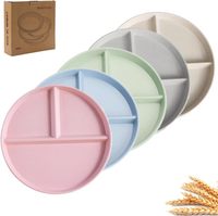 Assiettes rondes réutilisables écologiques en paille de blé et plastique alimentaire avec compartiments pour enfants et adultes