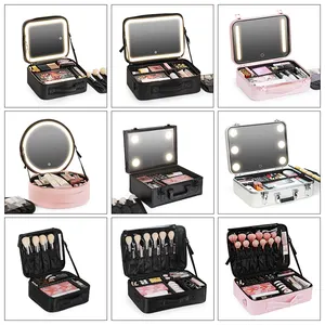 Wholesale Custom Portable Train Case Travel Saffiano Makeup Carry Case Toiletry Cosmetic Bag With LED Mirror Box