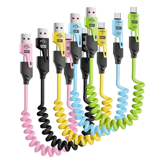 Multi Colors 4 in 1 USB Fast Charging Type-c to Type-c Spiral Spring 2.4A Phone Charging Data Cable