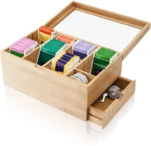 竹茶盒木制茶箱，带8个分隔器和抽屉，用于存放茶包和其他配件