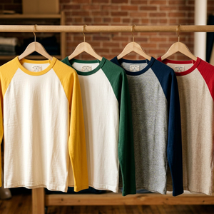 T-shirt unisexe à manches longues raglan en coton, coloris jaune/vert/bleu marine/rouge, blocs de couleurs, service OEM pour adultes, approvisionnement direct en gros de l'usine Red Star - Product Image 1