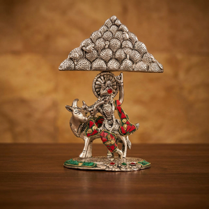 Statue artisanale plaquée argent de Krishna avec vache, style Parvat, pour la décoration intérieure, décoration religieuse et cadeaux - Product Image 4