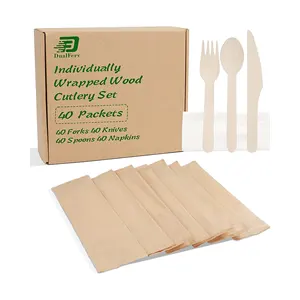 Excellent Quality 3 In 1 Disposable Cutlery Set Biodegradable Natural Cutlery With Brown Tissue Paper Pack