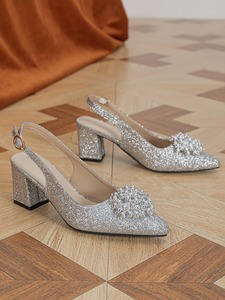 Glitter Pearl Flower <b>Pointed</b>-toe Women's Sexy Block Heel Sandals Silver High-heeled Shoes Pumps - Product Image 4