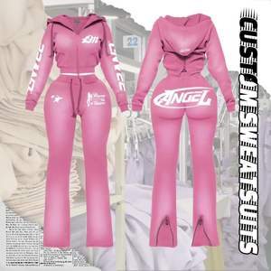 Conjunto de chándal de <span class=keywords><strong>mujer</strong></span> Y2K de 400g de peso pesado, estilo streetwear, con lavado, top corto con cremallera, pantalón jogger acampanado y sudadera con capucha con cordón, con logotipo personalizado - Product Image 1