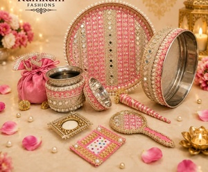 FASHIONS Handmade Orange KARWACHAUT Brocade Thali Set with Mirror Candle Holder <b>Lota</b> High Quality Hot Selling Indoor Bridal Gift - Product Image 4