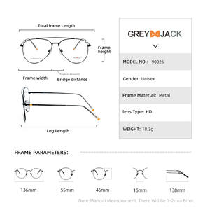 Monturas de Gafas de Aviador Grises Jack 90026, Montura Completa de Metal, Anti-UV, para Hombre, Estilo Piloto, Gafas Ópticas - Product Image 2