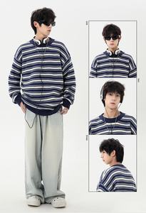 Pull unisexe rayé épais, style rétro, blocs de couleur, coupe ample décontractée, pull d'automne et d'hiver, pull assorti pour couple, logo frontal, tricot - Product Image 5