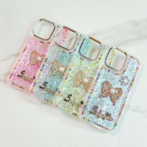 Coques de téléphone portable en TPU+PC <span class=keywords><strong>ultra</strong></span>-fines avec nœud, strass et diamants 3D scintillants pour 18 <span class=keywords><strong>Pro</strong></span> <span class=keywords><strong>Max</strong></span>/13-15/16 Plus/17 Air - Product Image 1