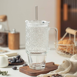 Bicchiere in Vetro Grigio Fumo da 600ml <span class=keywords><strong>con</strong></span> Strisce Decorative, Tazza per Bevande Fredde, Acqua, Succo <span class=keywords><strong>con</strong></span> Coperchio e Cannuccia - Product Image 4