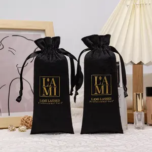 Reusable Fashion Velvet Drawstring Bag For Eyelashes Black Velvet Perfume Gift Pouches With Logo