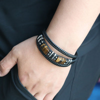 Bracelet en Cuir Double Couche Tendance pour Homme avec Breloques en Cuir et Perles en Pierre Œil de Tigre Naturel, Bracelet Magnétique pour Homme, Bijou