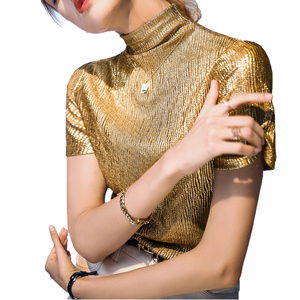 Fashion Style Women Short Sleeve t Shirts Mock Neck Slim <strong>Sequins</strong> Gold <strong>Tops</strong> Summer Clothing Custom <strong>Plus</strong> <strong>Size</strong> Lady Shirt - Product Image 3
