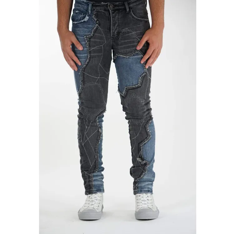 OEM street style-pantalones vaqueros ajustados para hombre, jeans vintage empalmados con desgastado