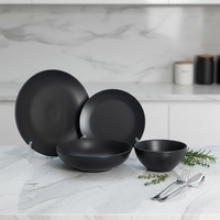 Service de table en céramique de luxe, 4 pièces, noir, glaçure réactive, vaisselle en grès pour hôtel, compatible micro-ondes, assiettes, bols, ensembles de vaisselle