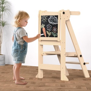 Taburete de cocina plegable para niños pequeños, torre de aprendizaje, 3 alturas ajustables, extraíble, <span class=keywords><strong>Blanco</strong></span>/pizarra, madera Natural, diseño moderno - Product Image 2