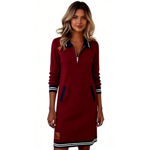 Abito Felpa con Colletto a <span class=keywords><strong>Polo</strong></span> da <span class=keywords><strong>Donna</strong></span> - Vestito Casual a Maniche Lunghe con Bordi a Contrasto Moda Sehe - Product Image 5