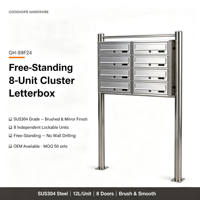 Boîte aux lettres murale en acier inoxydable SUS304 à 8 unités |   12L par unité |   Finition brossée |   Appartement résidentiel OEM MOQ 50