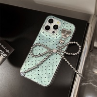 Casing HP Mint Green Polka Dot untuk 18promax dengan Rantai Pita 17 Apple 16 Rantai Perak Keras Motif Gelombang