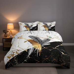Parure <span class=keywords><strong>de</strong></span> lit 3 pièces moderne en polyester imprimé motif marbre et plumes, 300 fils, résistante à la décoloration, housse <span class=keywords><strong>de</strong></span> <span class=keywords><strong>couette</strong></span> et taies d'oreiller - Product Image 6
