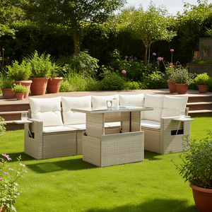 Beige Pe <b>Rattan</b> Garden <b>Sofa</b> Set With Powder Coated Steel Frame And Tempered Glass Outdoor Furniture For Garden Use - Product Image 2