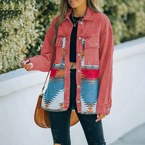 Jeans vestes décontractées 2023 automne hiver nouveau Aztec poche à revers manteau en <span class=keywords><strong>jean</strong></span> Patchwork manches longues laine <span class=keywords><strong>veste</strong></span> rétro pour femmes - Product Image 5