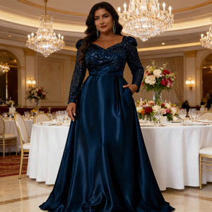 sachin and babi light blue dress Deep V-Neck Long Lantern Sleeve Sequin Evening Maxi Dress with Slit