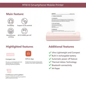 HPRT MT810 Printer Mini portabel, Printer kertas Portabel A4 tanpa kabel BT iOS Android termal