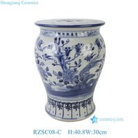 Tabouret de jardin en céramique chinoiserie bleu et blanc de haute qualité RZSC08-C avec motif d'oiseaux et de fleurs