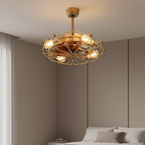 Ventilateur de plafond LED industriel moderne avec éclairage, design en cage à profil bas, télécommande, éclairage de chambre en ABS doré intégré - Product Image 2