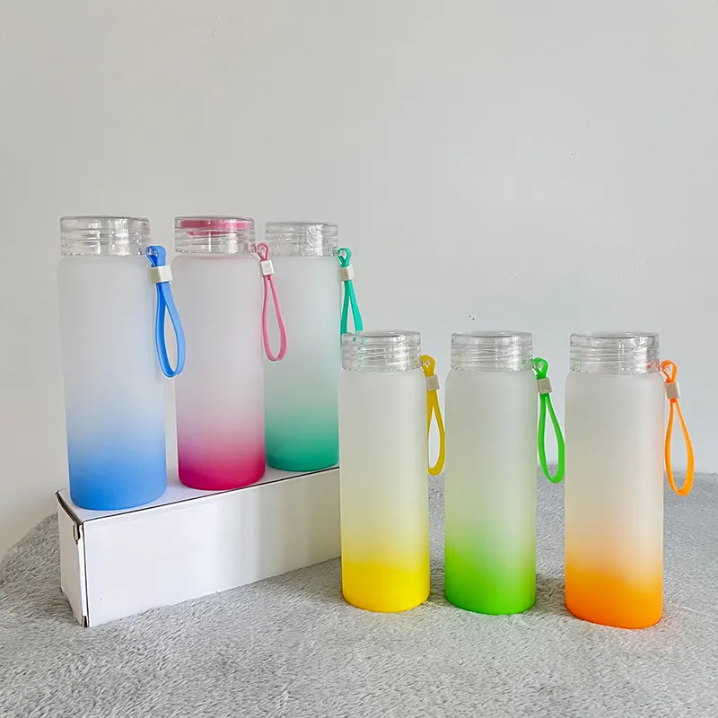 Botol Air Kaca Warna-warni Ombre Gradien Beku, Botol Air Sublimasi Kosong 17Oz 500Ml Tahan Bocor Olahraga Portabel Cocok untuk Vinil