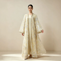 Abaya élégante en polyester à sequins et dentelle florale perlée à la main, ensemble deux pièces ouvert sur le devant avec bordure dorée, Kaftan musulman pour l'Aïd, le Ramadan et l'automne