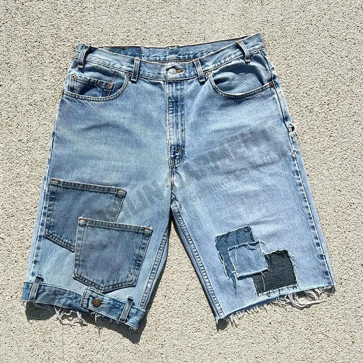 Borda jeans personalizado verão angustia remendo em branco de alta qualidade azul pesado remendo trabalho calções jeans shorts masculino