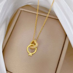 18K Gold Plated Zircon Crystal Pendant <b>Necklace</b> Diamond Heart Peach Heart Double <b>Ring</b> Charm Stainless Steel <b>Necklace</b> Collar - Product Image 5