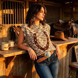 <strong>Women</strong> Western Horseshoe Jacquard Knit Sleeveless <strong>Vest</strong> Shirts Crew Neck Tank <strong>Top</strong> Cowgirl Casual Layering Waistcoat for US <strong>UK</strong> AU - Product Image 6