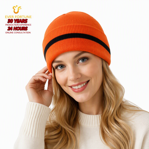 <span class=keywords><strong>Bonnet</strong></span> en tricot épais orange fluo avec logo personnalisé, bord côtelé rayé, doublure polaire thermique épaisse, <span class=keywords><strong>bonnet</strong></span> d'hiver premium - Product Image 3