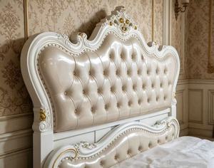 Premium Queen Size White Leather <b>Bed</b> With Gold Leaf Ornate Carved Diamond Tufted Scalloped Headboard For European Rococo Bedroom - Product Image 2