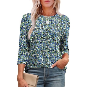 Nueva Camiseta Informal Plisada de Cuello Redondo y Manga Tres Cuartos para Mujer, a la Moda - Product Image 5