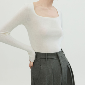 천연 원단 100% 울 의류 심리스 스퀘어넥 탑 여성 긴팔 슬림핏 블라우스 - Product Image 1