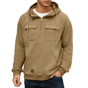 Sudadera con capucha tipo cargo para hombre, con cremallera de un cuarto, estilo táctico, informal, para gimnasio, atlética, holgada, 100% algodón, transpirable para verano - Product Image 1