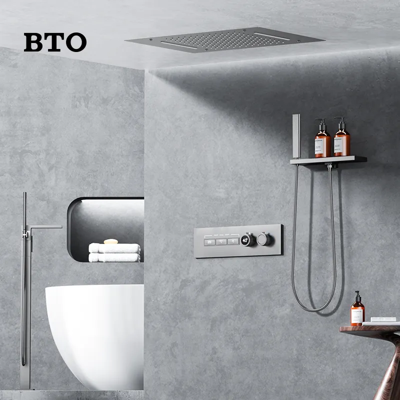 BTO lujo moda Celling pistola gris forma cuadrada oculta baño conjuntos ducha con cabezal de ducha