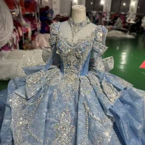 فستان حفلة Quinceanera أزرق مخصص XS136 بأكمام طويلة ورقبة عالية زهور أم العروس - Product Image 6