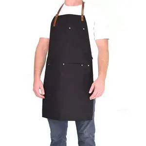 Tablier bavoir en coton Denim noir, tablier professionnel en cuir, idéal pour atelier du Chef Barista, BBQ