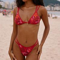 Vente chaude en gros, bikini personnalisé en vrac, imprimé floral rouge, triangle, double cordon, string sexy, micro bikini, maillot de bain pour femmes