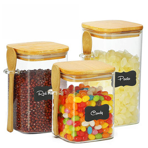 Modernes großes durchsichtiges Küchen-Lebensmittel-Quadrat-Bambusdeckel-Speicher-Glas-Glas-Glas-<span class=keywords><strong>Set</strong></span> mit Löffeln - Product Image 1