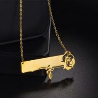 Collier élégant pour femme en acier inoxydable avec chaîne à maillons, gravure de date, nom, lettre et motif de rose, cadeau de bijoux