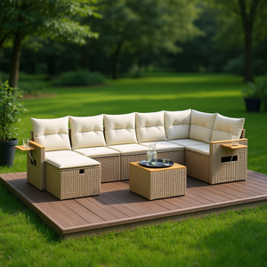Conjunto de Sofá de Jardín de 7 Plazas en Poliratán Beige con Fundas Extraíbles, Muebles de Exterior de Diseño Contemporáneo - Product Image 2